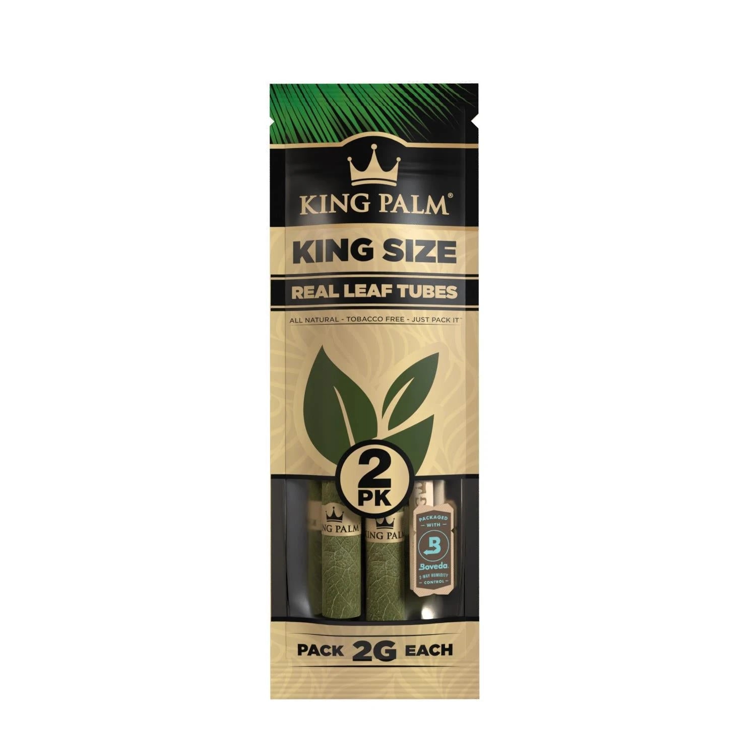 King Palm King Size Real Leaf Tubes Natural 2er Pack – tabakfreie Blattröhrchen 2g mit Boveda Feuchtigkeitsregler